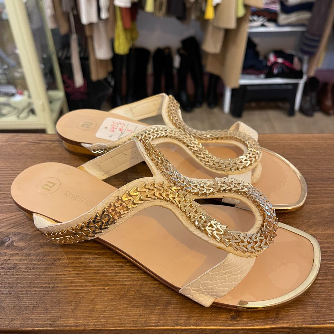River Island Flat White and Gold Sandals Size 5
